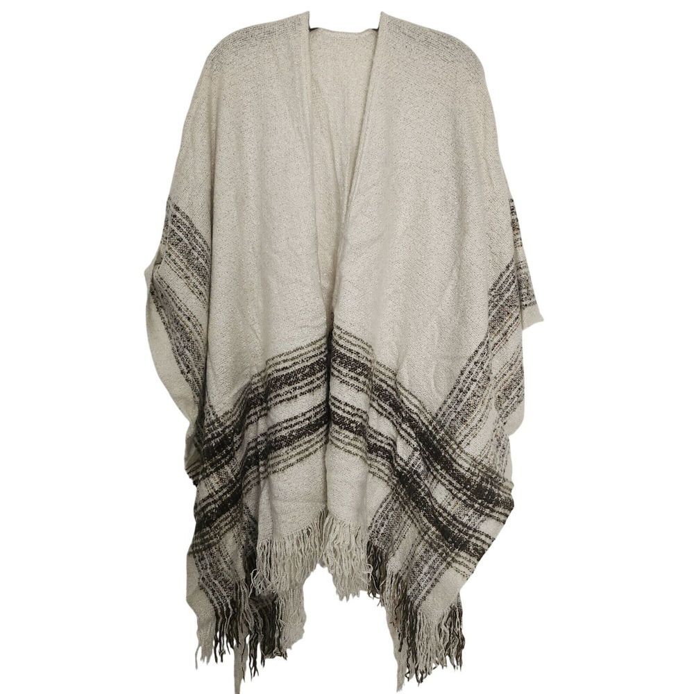 Striped Acrylic Poncho Shawl With Fringe Hem For Women
